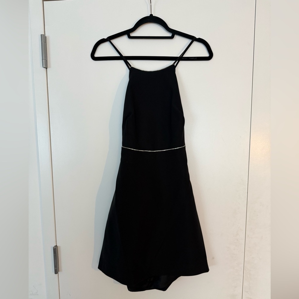 Mango Open Back Rhinestone Mini Dress in Black